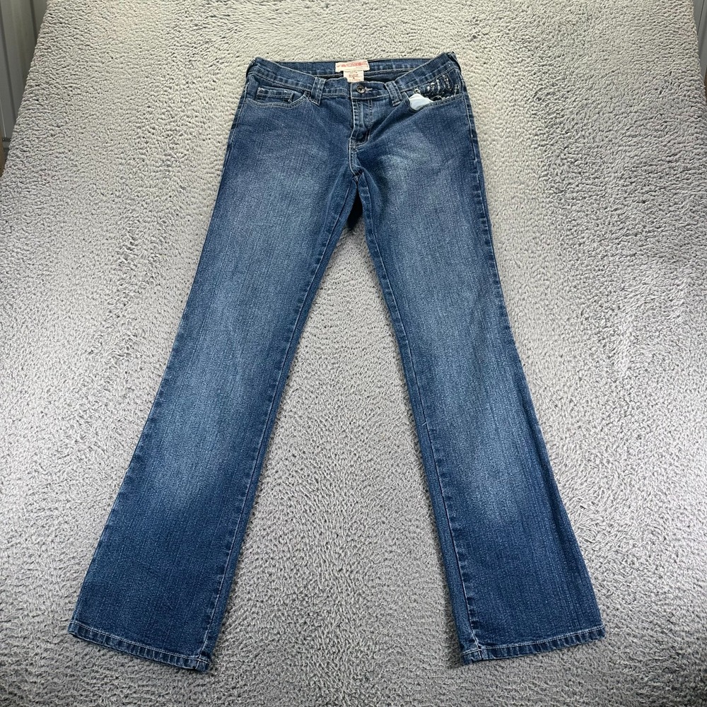 Romance Jeans Womens 9 Blue Denim Straight Leg Faded Stretch Studded Embellished